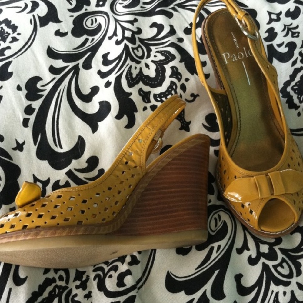 ISO - LINEA PAOLO MUSTARD PATENT PEEP TOE WEDGES
